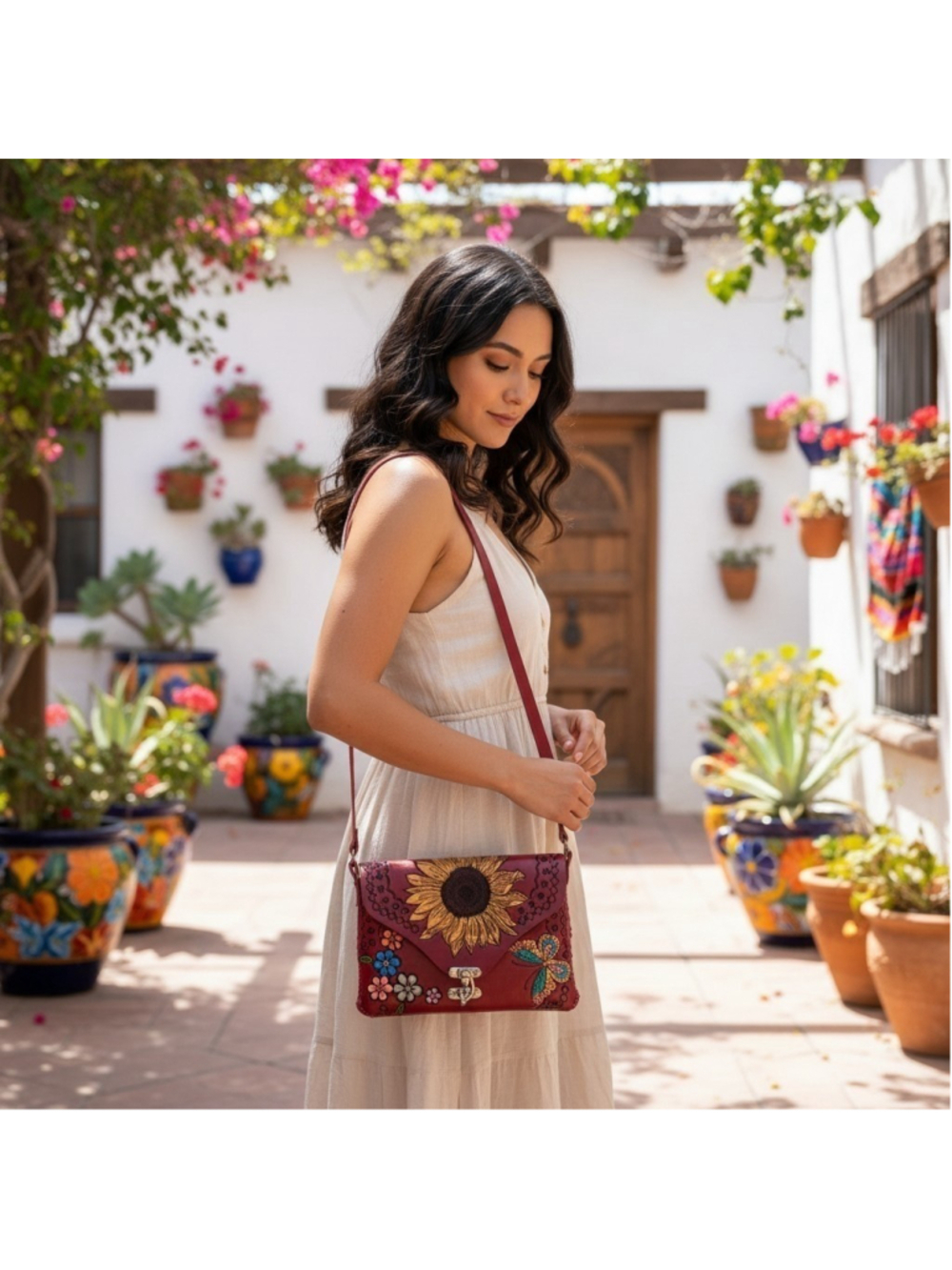 Sunflower Butterfly Red Wine Embossed Tooled Artisan LEATHER Crossbody Purse Bag